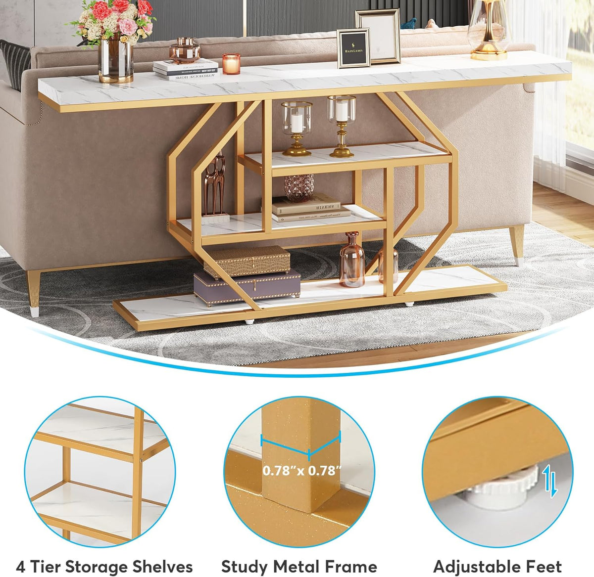 Tribesigns 180cm Extra Long Console Table, Modern Gold Behind Sofa Coffee Table with Storage, 4 Stage Entrance Table for Living Room, Hallway, Entrance, Faux Marble, White