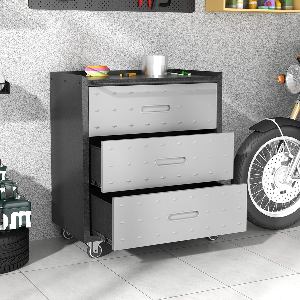 Metalen opbergkast met wielen, garage-opbergkast met 3 laden, rolbare gereedschapskast, montage vereist, zwart en grijs