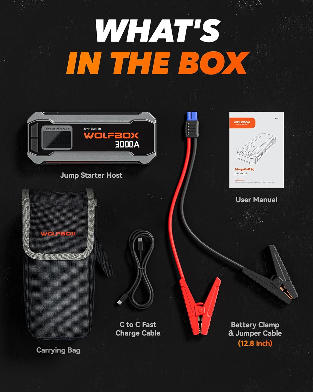 Jump Starter – Auto-accubooster – Startbooster – Starthulp – Powerbank – 3000A / 16000mAh voor 12V Voertuigen – 65W USB-C Snelladen & LED-Zaklamp