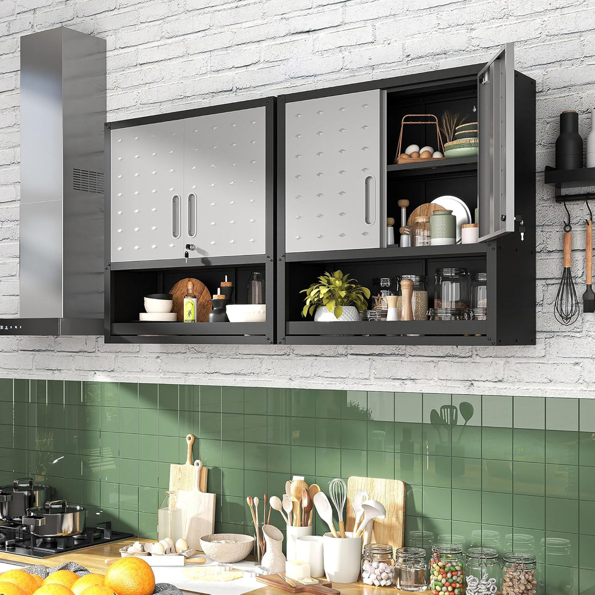 Garagewandkast met deuren en planken, metalen wandkast met open opbergruimte, hang-gereedschapskast voor garage en bijkeuken, zwart en grijs