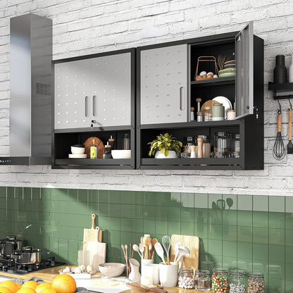 Garagewandkast met deuren en planken, metalen wandkast met open opbergruimte, hang-gereedschapskast voor garage en bijkeuken, zwart en grijs