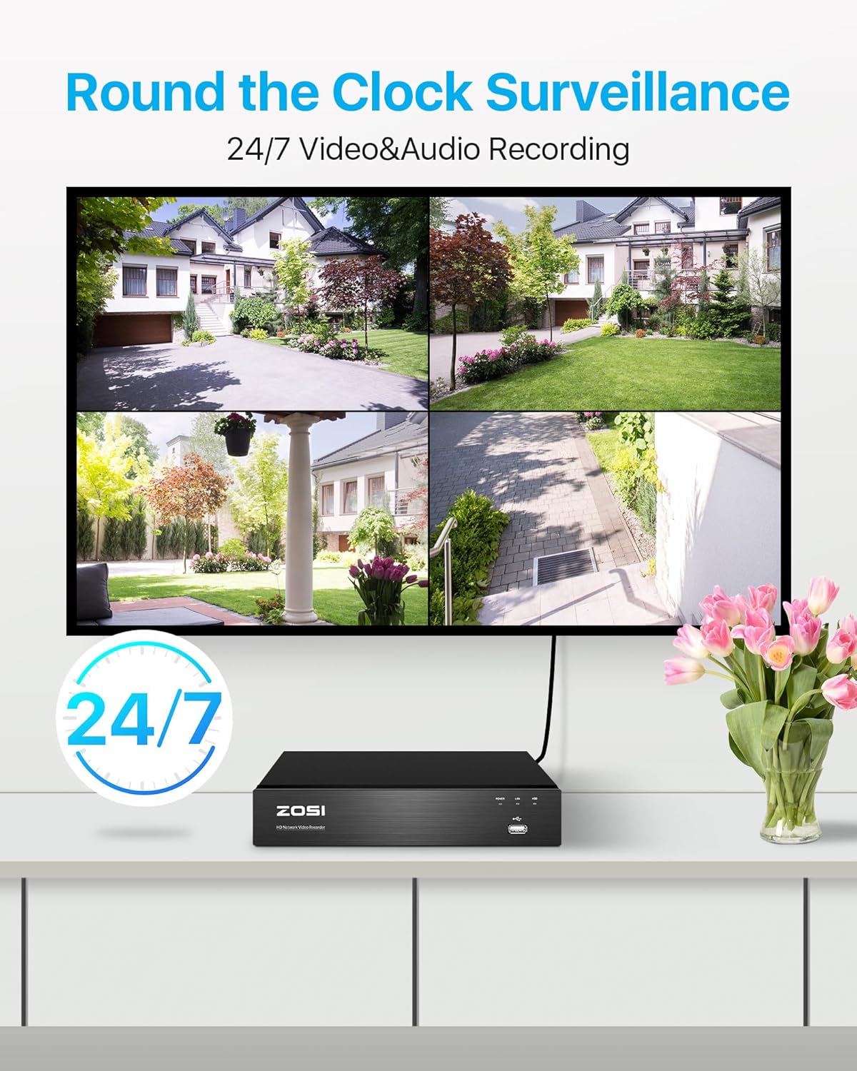 ZOSI 4K PoE Bewakingscamera Set met 8CH 2TB HDD NVR en 4X 8MP Outdoor PoE IP-Camera, Personenherkenning, Kleur Nachtzicht, Schijnwerper Buiten Smart Videobewakingssysteem