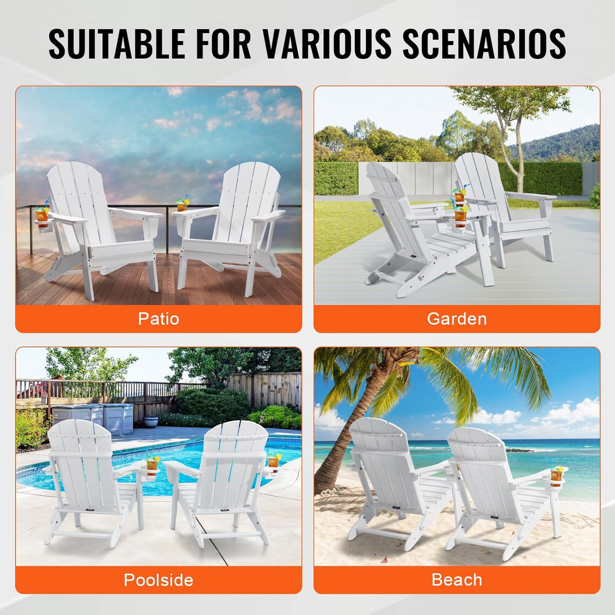 VEVOR Adirondack Stoel van kunststof, set van 2 draagbare opvouwbare vuurkorfstoel, outdoor Adirondack terrasstoel met bekerhouder, met ontspannende armleuning, ergonomisch, voor tuin, achtertuin -