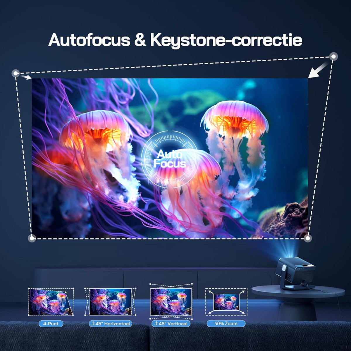 WOLFANG 4K Smart Beamer【Netflix Official & Autofocus/Keystone】28000 Lumen, WiFi 6 Draagbare Beamer met 5.2G Bluetooth, Home Theater Projector met 180° Verstelbare standaard voor 300" Schermen