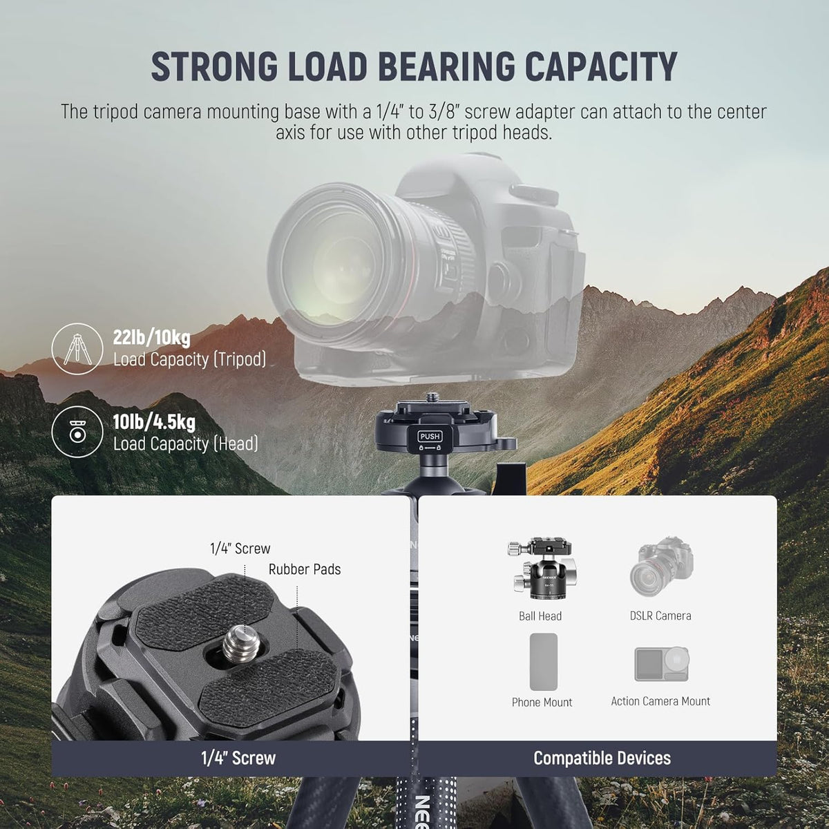 NEEWER LITETRIP 157,5 cm reiscamerastatief, koolstofvezel draagbare standaard met verwijderbare ±15° nivellering, 360° Pano-kop, maximale belasting 10 kg, Arca QR-plaat compatibel met Peak Design
