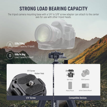 NEEWER LITETRIP 157,5 cm reiscamerastatief, koolstofvezel draagbare standaard met verwijderbare ±15° nivellering, 360° Pano-kop, maximale belasting 10 kg, Arca QR-plaat compatibel met Peak Design
