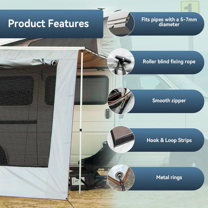 Zonwering, voorwand voor camper, 2 x 4,8 m, UPF 50+ bescherming, regenbestendig, met verstelbaar panoramavenster (stof + net), zonblokkerende luifel voor biezen met Ø 5-7 mm, incl