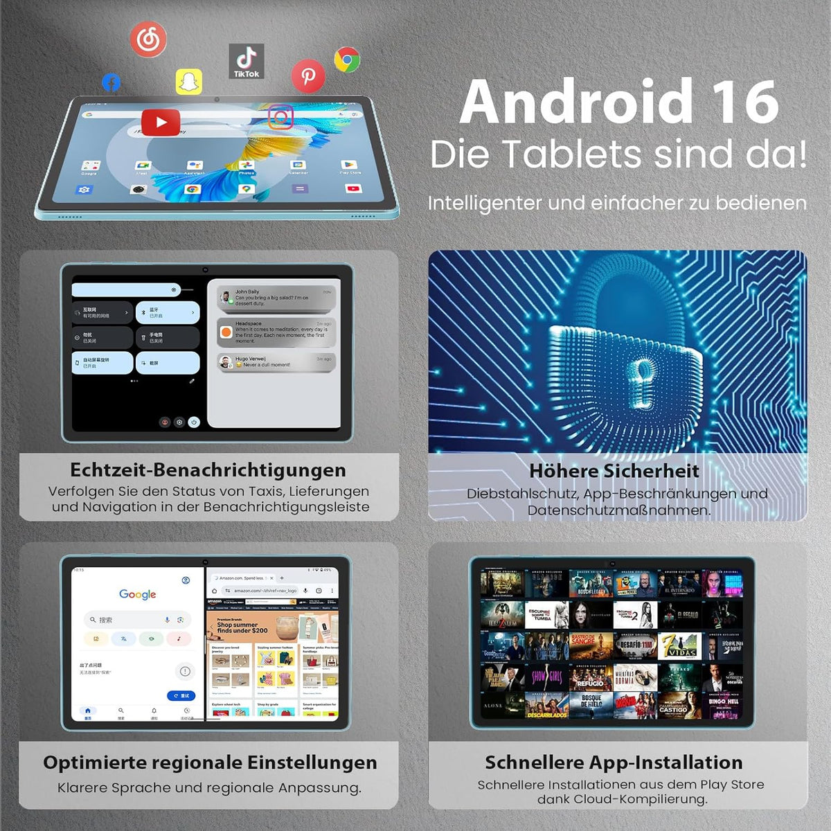 Android 16-tablet, 11 inch tablet,32GB + 128GB, uitbreidbaar tot 1TB, productiviteitsbundel met toetsenbordhoes, stylus, octa-coreprocessor, dubbele camera, wifi 6, 8000mAh-batterij (Nero)