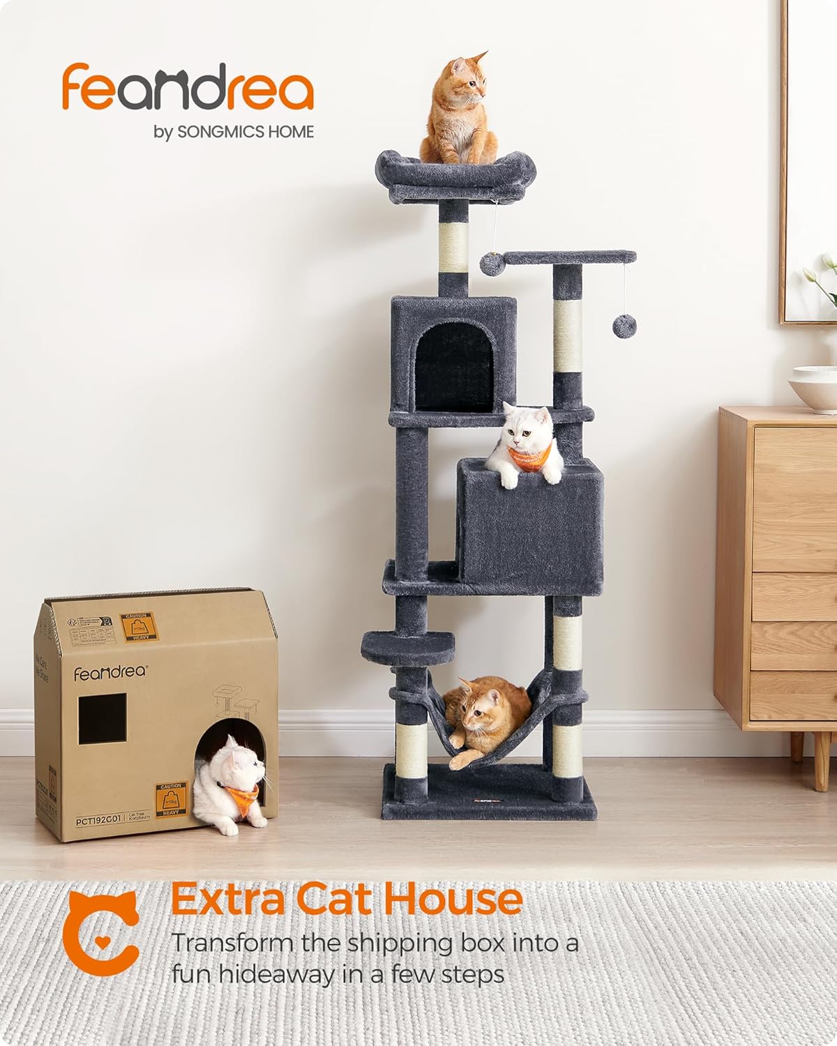 Krabpaal – Kattenboom – Klimpaal – Kattenmeubel – Krabmeubel – 155 cm Hoog – Met 5 Sisal Krabkolommen & 2 Knusse Kattenholletjes