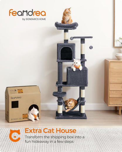 Krabpaal – Kattenboom – Klimpaal – Kattenmeubel – Krabmeubel – 155 cm Hoog – Met 5 Sisal Krabkolommen & 2 Knusse Kattenholletjes