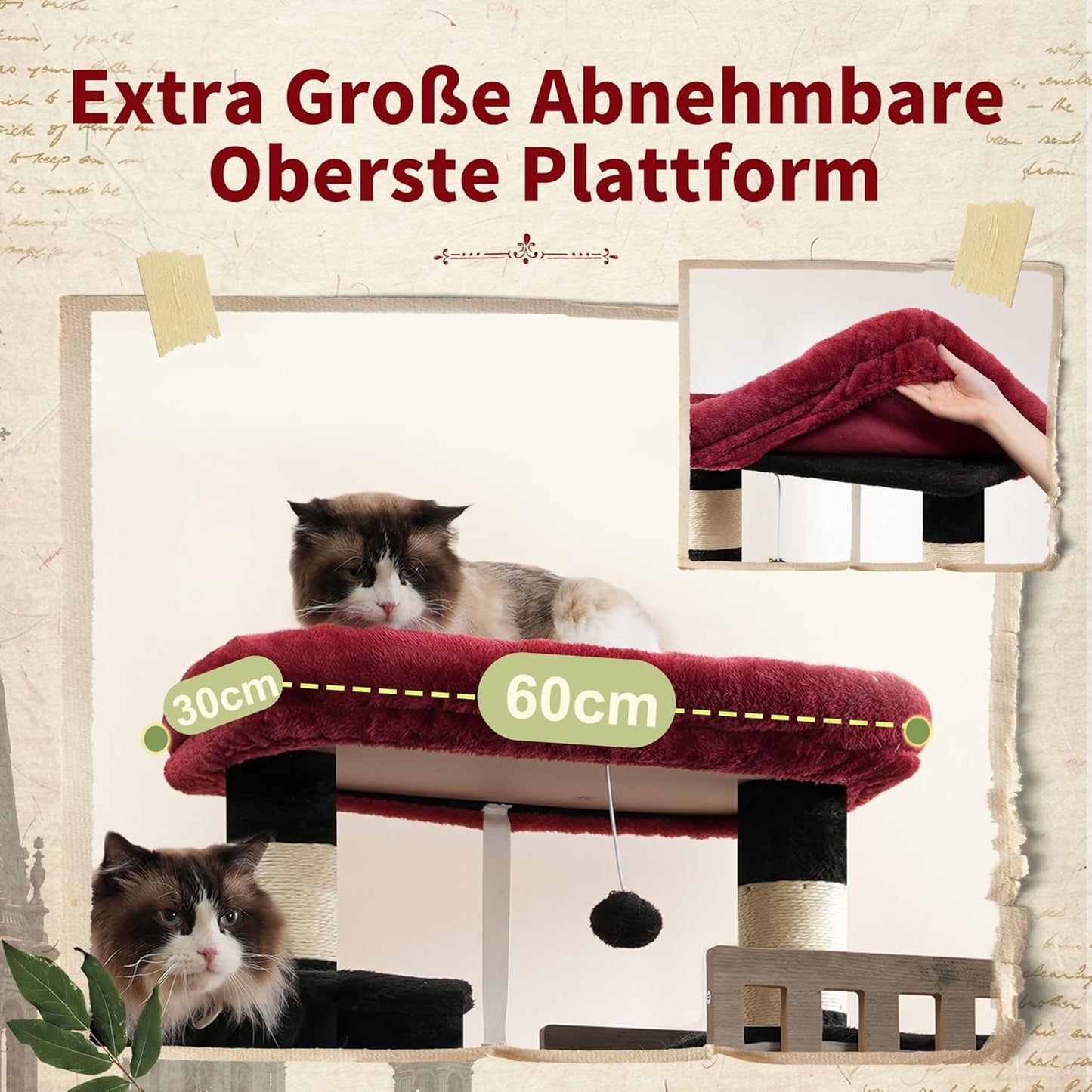 Large Cat Scratching Post for Large Adult Cats, 174 cm Cat Scratching Post with Hammock, 2 Large Sitting Bars, 2 Cat Cavities, 15 Scratching Bars, Black and Red GCT033BR - QUORE