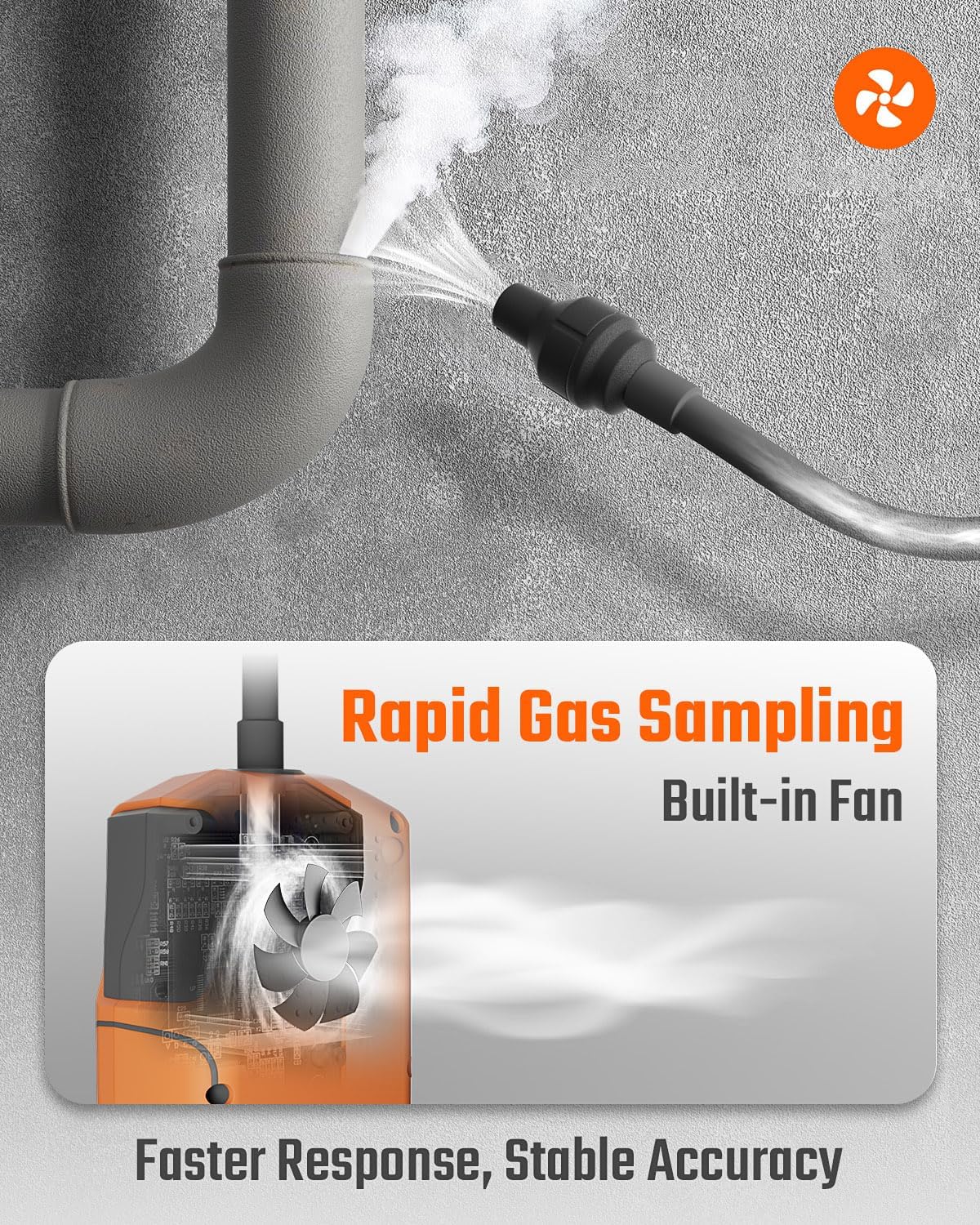 TopTes PT-990 Oplaadbare gaslekdetector met 28 cm flexibele sonde, detectiebereik 0-10.000 ppm, gegevensregistratie en 3 alarmsoorten, gasmelder voor propaan, methaan voor industrie, oranje
