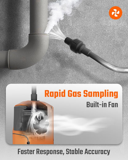 TopTes PT-990 Oplaadbare gaslekdetector met 28 cm flexibele sonde, detectiebereik 0-10.000 ppm, gegevensregistratie en 3 alarmsoorten, gasmelder voor propaan, methaan voor industrie, oranje