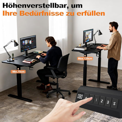 Height Adjustable Desk, 140 x 60 cm, Electric Computer Table, Desk Table with Type C Charging Port, Headphone Hook and Cup Holder, Electric Standing Table with Memory Function - QUORE