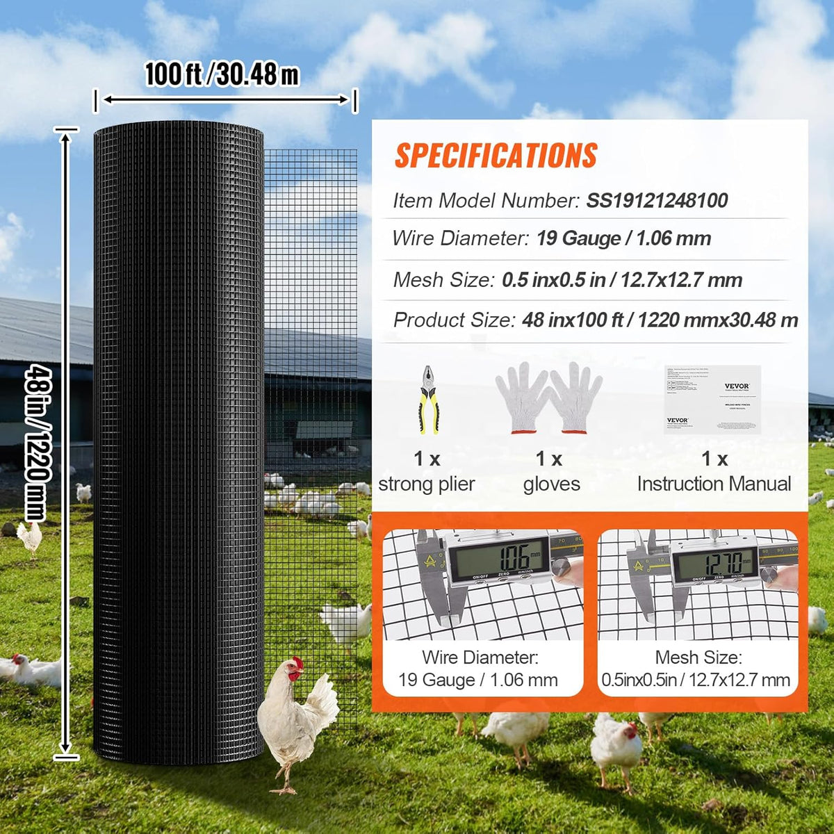 VEVOR Hardwaredoek, 48" x 100' Gegalvaniseerde Wire Mesh Roll, 19 Gauge Kippengaas Omheining Roll, Vinyl Coating Metalen Wire Mesh voor Kippenhok Barrière, Konijn Slang Hekken, Pluimvee Behuizingen