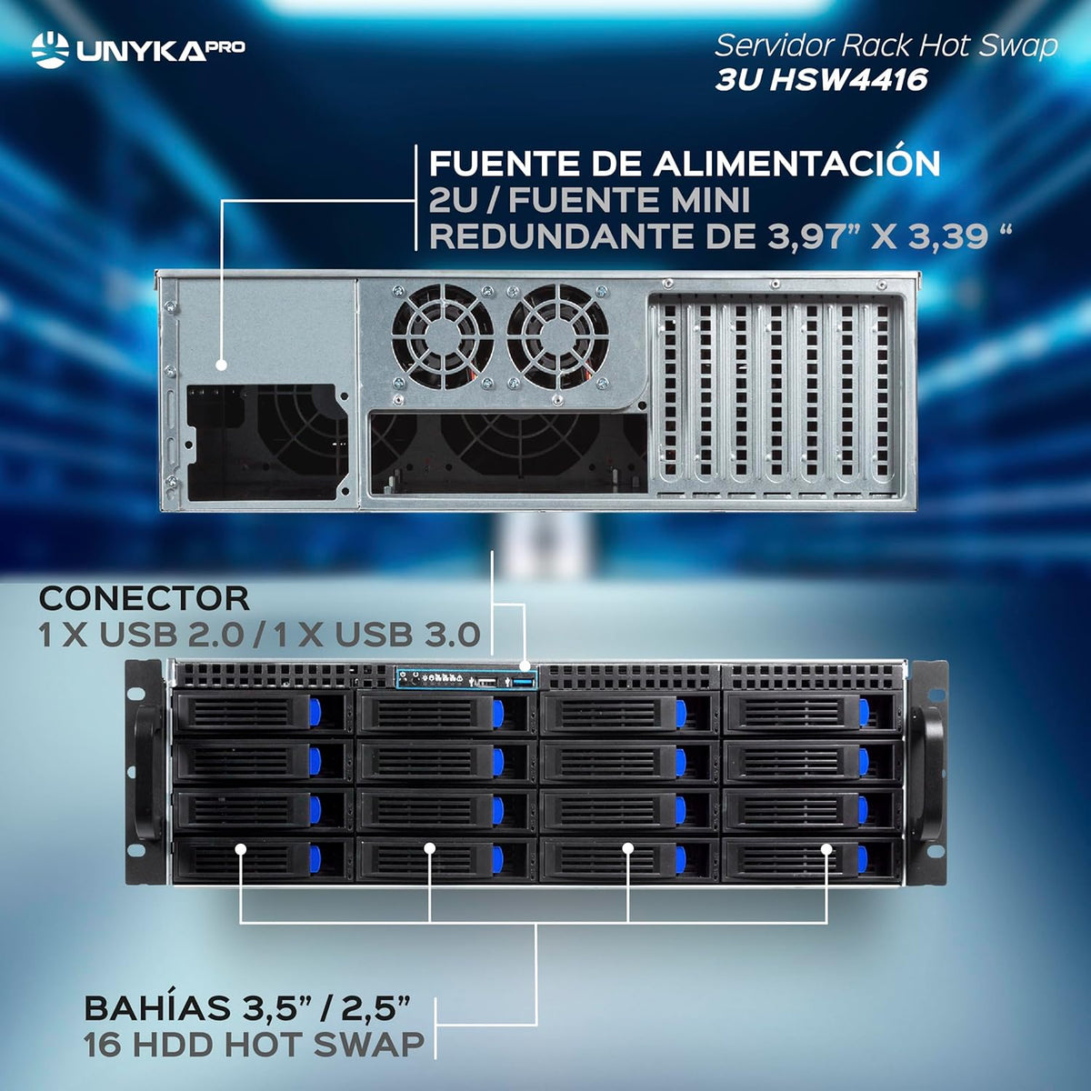 UNYKAch HSW4416 ATX 19" 3U Hot Swap Rack-behuizing (HSW4416 ATX), 16 x 3,5 inch of 2,5 inch schijfbays, 4 x 80 mm ventilatoren, 2 x 60 mm, 1 x USB 2.0, 1 x USB 3.0