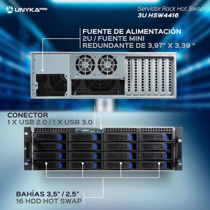 UNYKAch HSW4416 ATX 19" 3U Hot Swap Rack-behuizing (HSW4416 ATX), 16 x 3,5 inch of 2,5 inch schijfbays, 4 x 80 mm ventilatoren, 2 x 60 mm, 1 x USB 2.0, 1 x USB 3.0