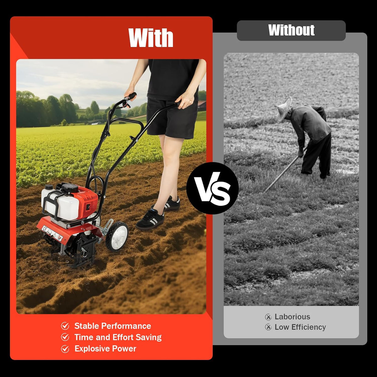 52CC 2-Stroke Garden Tiller, Petrol, 1.9 KW, Field Planter, Garden Cutter, Motor Chopper, 6500-7000 RPM, Petrol Cultivator, Motor Chop, Ground Cutter, Plow Cultivator, Field, Groove Pulling - QUORE
