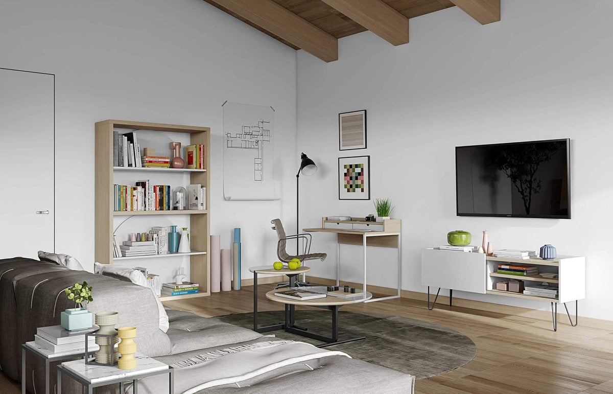 TemaHome Rise bureau, eikenfineer, witte laden en onderstel, L100xB55xH85 cm