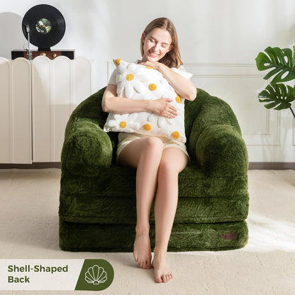 MAXYOYO Folding Sofa Bed, Comfortable Faux Fur Fabric, Convertible Floor Sofa with Handle, Single Bean Bag for Adults, Sleeping Chair for Living Room Bedroom