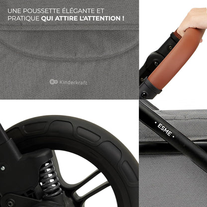 Kinderkraft ESME Mink Pro I-Size 3-in-1 autostoel met draagzak, reissysteem, babybuggy, opvouwbare kinderwagen, voor pasgeborenen tot 4 jaar, grijs