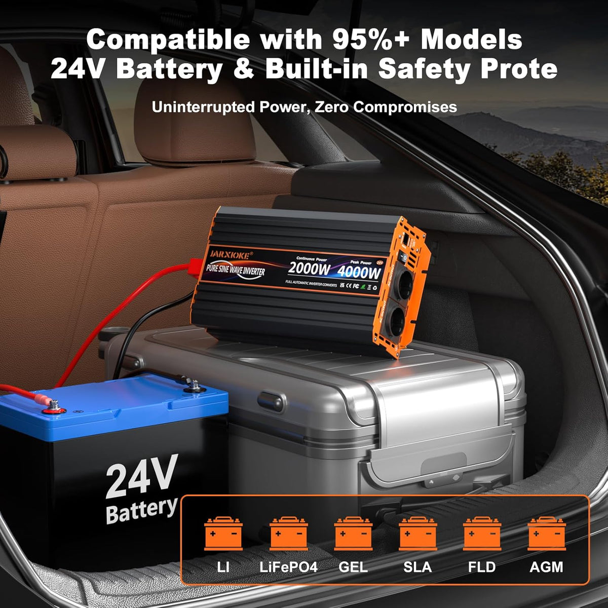 2000 W omvormer, 24 V naar 230 V, zuivere sinus, spanningsomvormer, omvormer met 2 EU-stopcontacten, 30 W USB-C, 5 V 3,1 A USB, LCD-afstandsbediening, voor caravans, vrachtwagens, zonne-energie