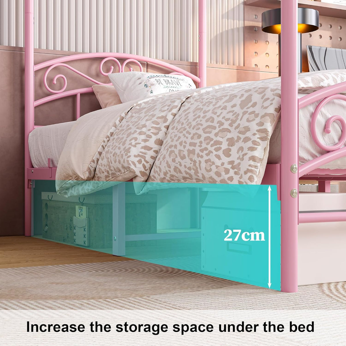 JURMERRY 90 cm eenpersoons hemelbedframe met sierlijk hoofdeinde en voetenplank in Europese stijl, stevig staal, perfect, eenvoudige doe-het-zelf montage, alle onderdelen inbegrepen, roze, 90 x 190 cm