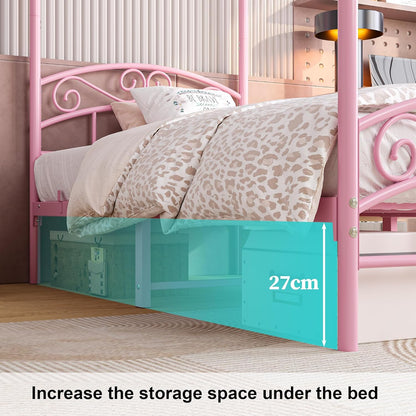 JURMERRY 90 cm eenpersoons hemelbedframe met sierlijk hoofdeinde en voetenplank in Europese stijl, stevig staal, perfect, eenvoudige doe-het-zelf montage, alle onderdelen inbegrepen, roze, 90 x 190 cm