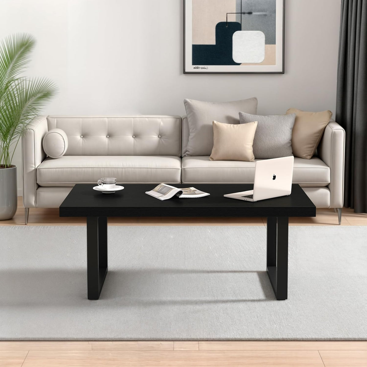 Zwarte salontafel van hout met metalen frame, stabiel en modern, salontafel voor koffie en laptop, 100 l x 55 D x 45,5 cm, vintage stijl