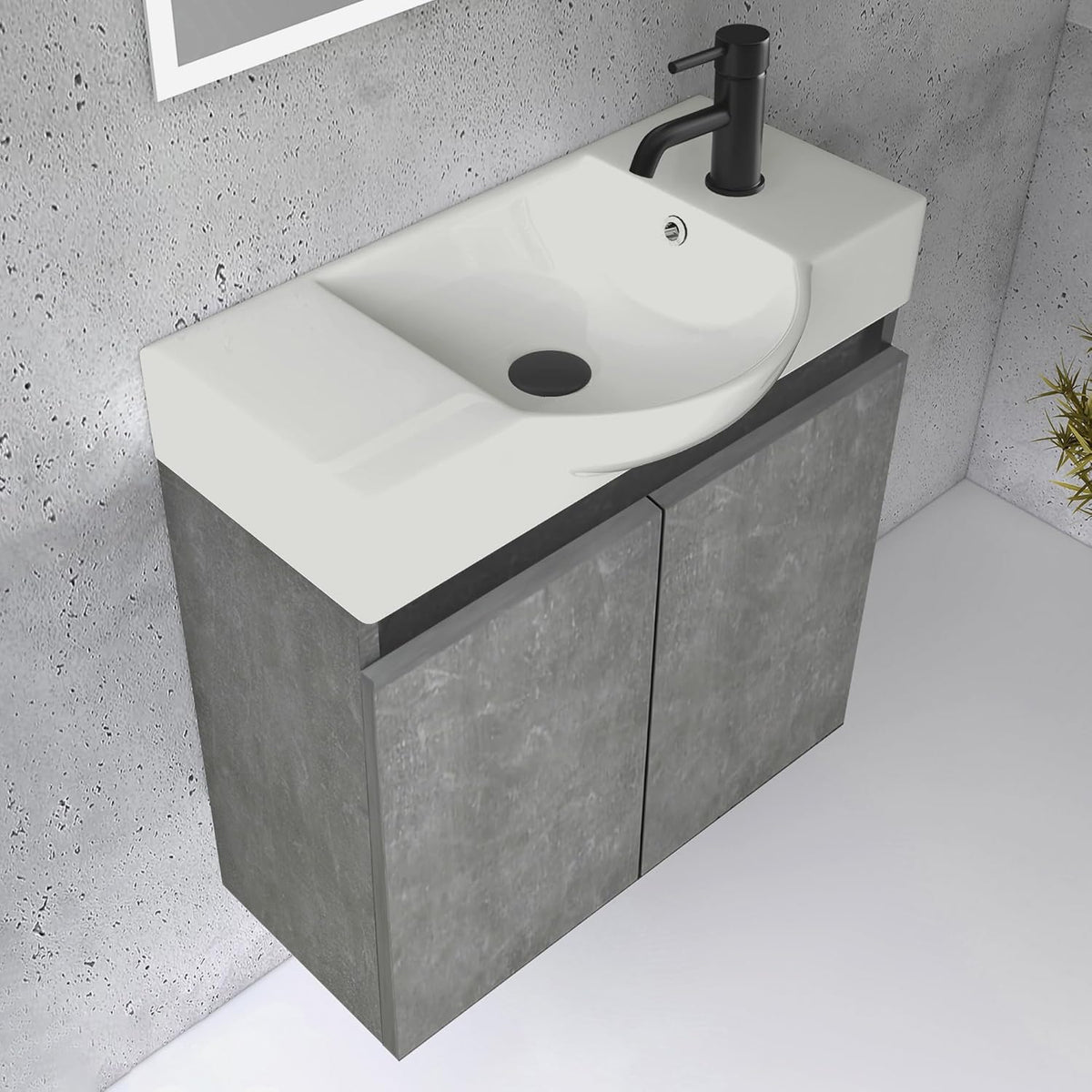Alpenberger Bathroom Cabinet with Mirror, Bathroom Furniture Set, Sink with Base Cabinet and Bathroom Mirror with Lighting, Bathroom Cabinet with Basin, Basin Cabinet (Cement) - QUORE