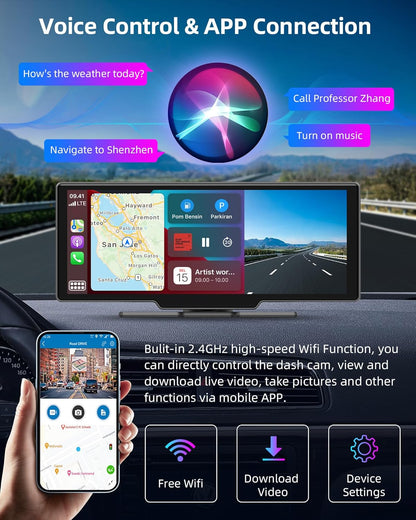 Draadloos Apple Carplay Display – Android Auto Scherm – Auto Infotainmentsysteem – Touchscreen Navigatie – Dashcam Voor en Achter – 10,26 Inch HD IPS – 2,5K Frontcamera & 1080p Achteruitrijcamera – Bluetooth 5.0 & 64GB TF-kaart