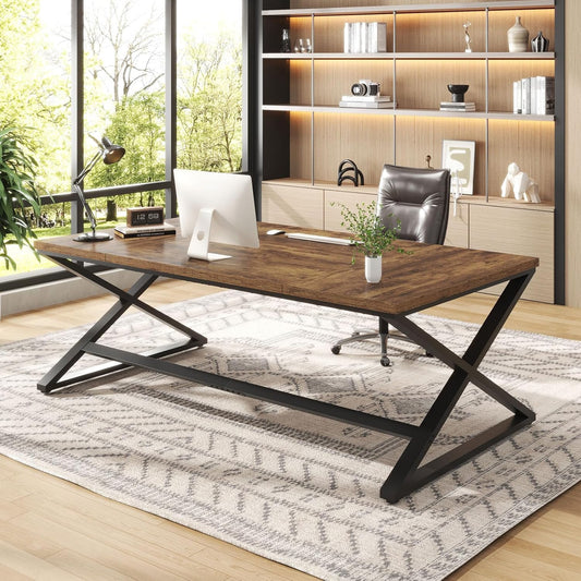 IBF 71 inch Rustiek computerbureau, extra lang houten bureau voor thuis, industriële metalen grote werkstudie schrijftafel, dubbele monitor pc werkstation computertafel voor twee personen, rustiek