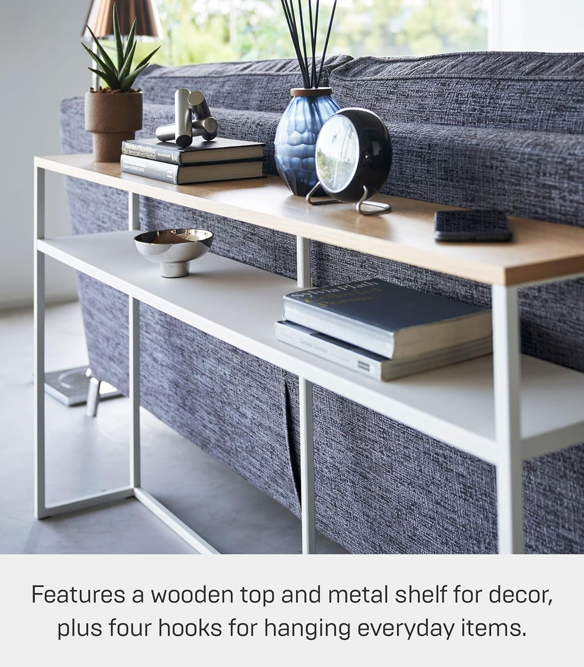 Yamazaki 2028 TOWER Console Table with Shelf, white, Steel/Wood, 126 x 20.5 x 65 cm