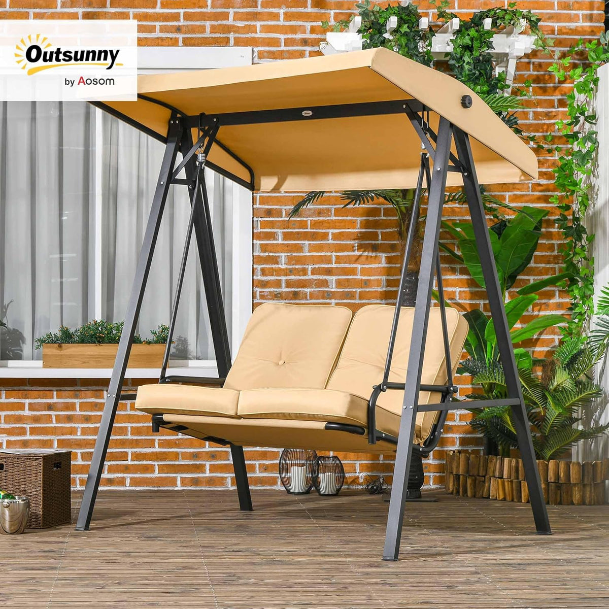 Outsuuny Hollywoodschaukel 3-Sitzer Gartenschaukel mit verstellbarem Sonnendach, Schaukelbank belast bis 220 kg, Gartenliege für Garten, Terrasse, 138 x 106 x 174 cm, Beige - QUORE