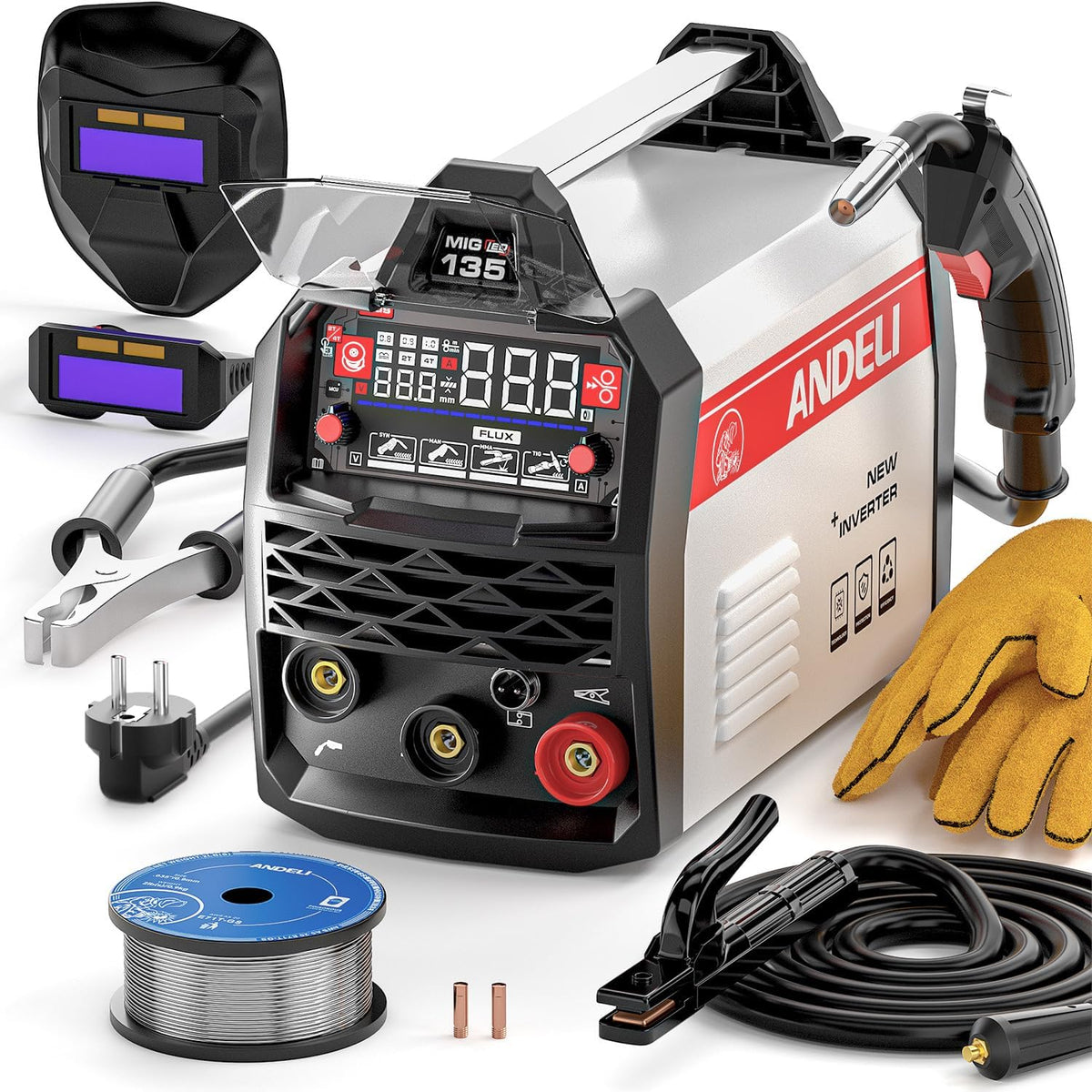 MIG ANDELI 135 A lasapparaat, spanning 220 V, draagbaar zonder gas, multiproces MIG/TIG lift/MMA-stroom, met digitaal led-display, IGBT-invertertechnologie.