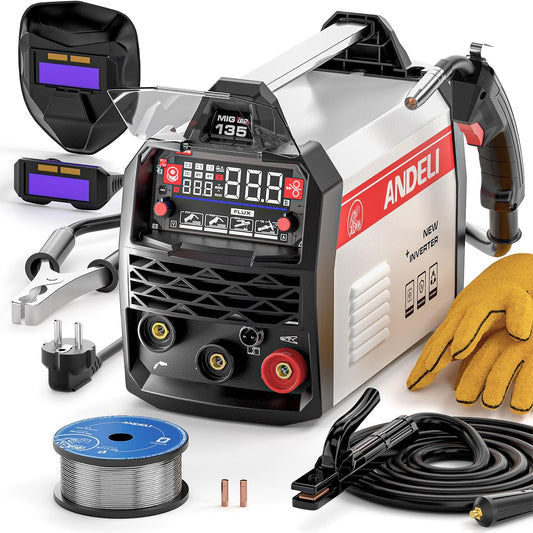 MIG ANDELI 135 A lasapparaat, spanning 220 V, draagbaar zonder gas, multiproces MIG/TIG lift/MMA-stroom, met digitaal led-display, IGBT-invertertechnologie.