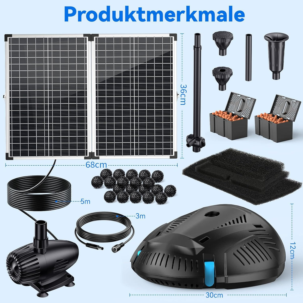 POPOSOAP Vijverfilter met 55 W fontein op zonne-energie, vijverfilter met 2000 l/u pomp en fonenset, 2 m pvc-slang, ideaal voor koivijken, watervallen en waterspelen