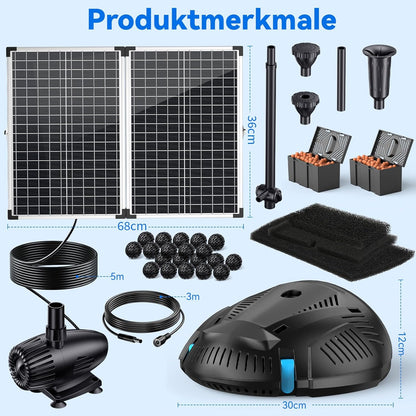 POPOSOAP Vijverfilter met 55 W fontein op zonne-energie, vijverfilter met 2000 l/u pomp en fonenset, 2 m pvc-slang, ideaal voor koivijken, watervallen en waterspelen