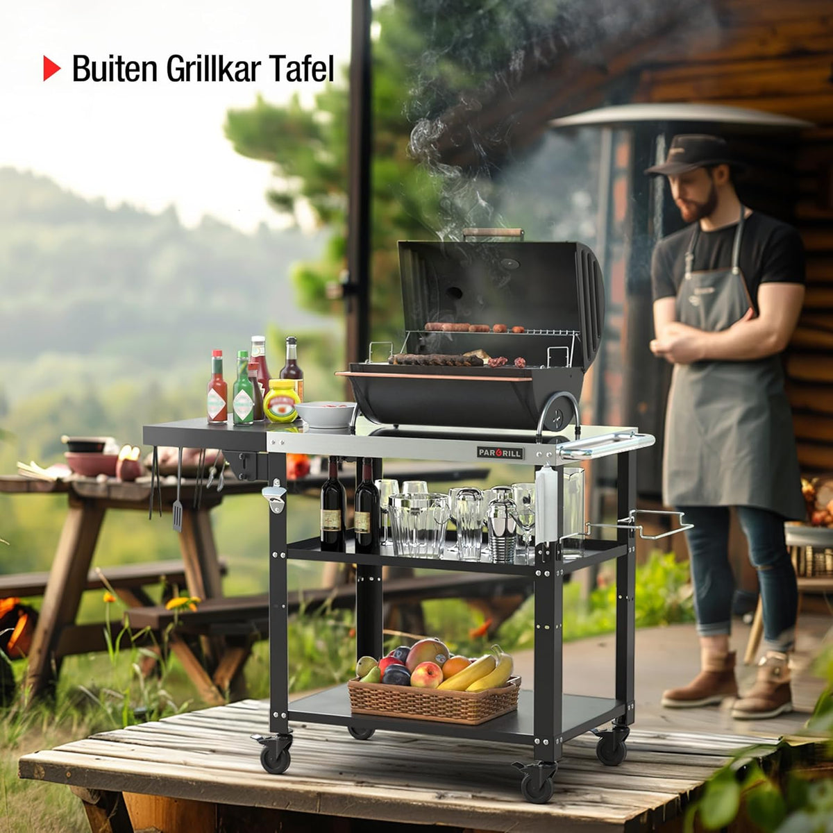 PARGRILL barbecuetrolley mobiele serveerwagen met 3 niveaus, opklapbare zijtafel en 360° zwenkbare wielen met rem - Multifunctionele roestvrijstalen buitenbarbecuetafel voor BBQ en tuin