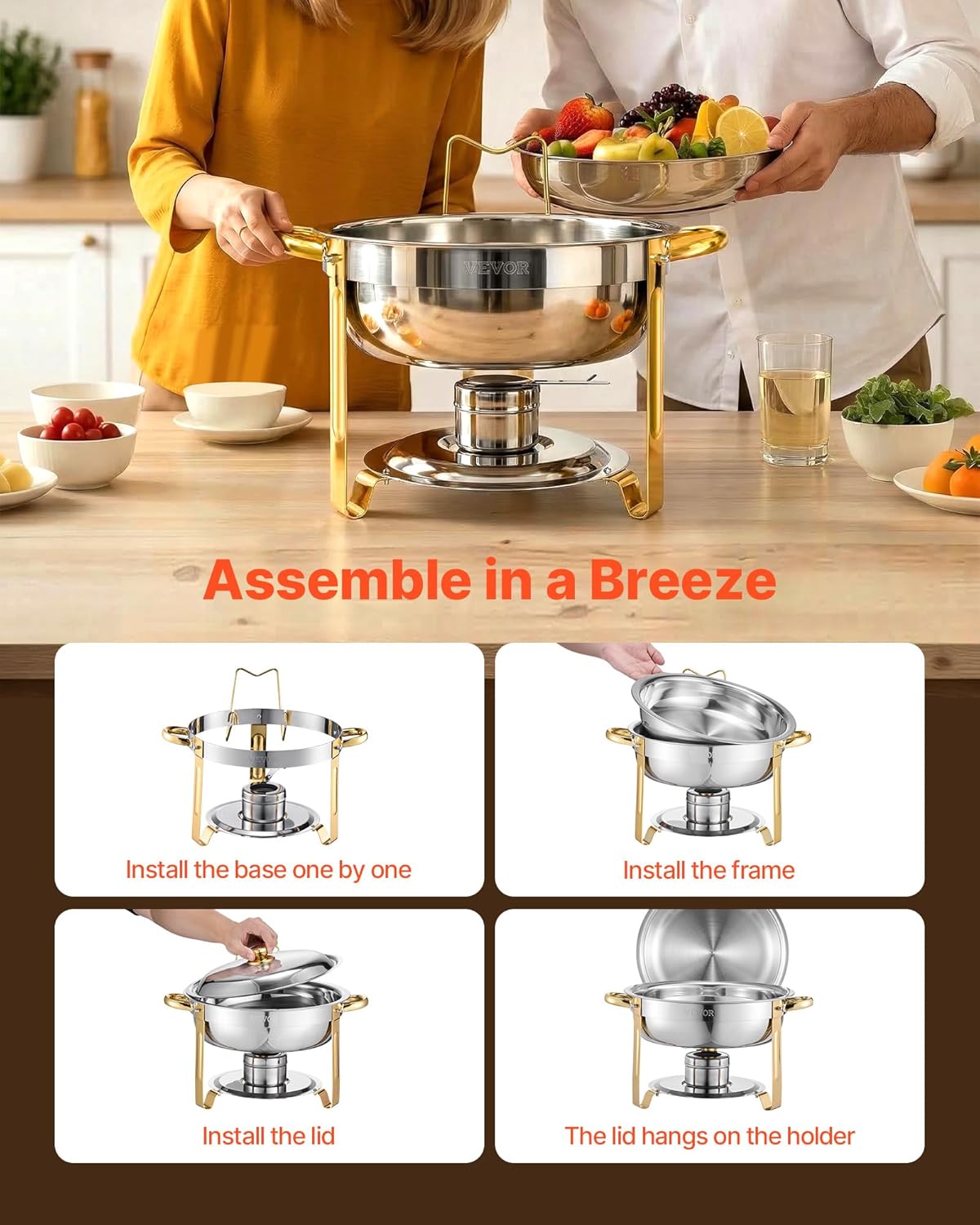 VEVOR Buffetwarmer met 4 containers in volledige grootte (elk 4,7 l), rond, voor catering, met deksel, waterschaal en opvouwbare standaard, voor bruiloften en feesten, goudkleurig