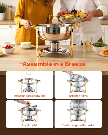 VEVOR Buffetwarmer met 4 containers in volledige grootte (elk 4,7 l), rond, voor catering, met deksel, waterschaal en opvouwbare standaard, voor bruiloften en feesten, goudkleurig