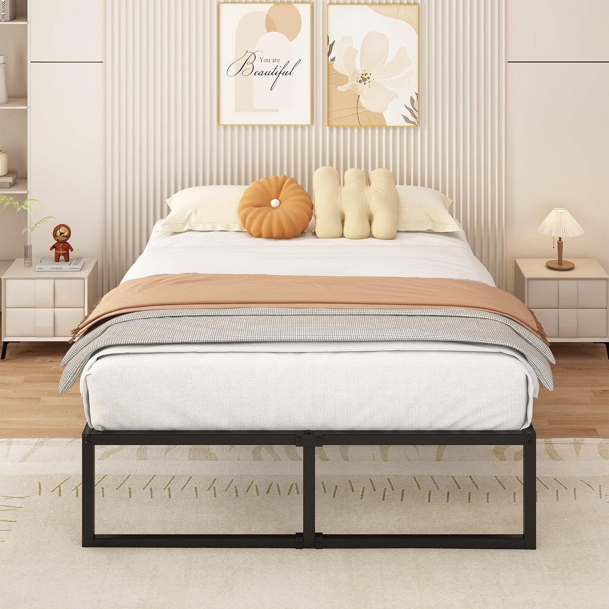 Yicensen Tweepersoonsbed 160 x 200 cm Metalen Bed Met Lattenbodem, Hoogte 41 cm, Dubbel Bedframe, Stil, Stabiel, Minimalistisch Design, Eenvoudig te Monteren, Zwart