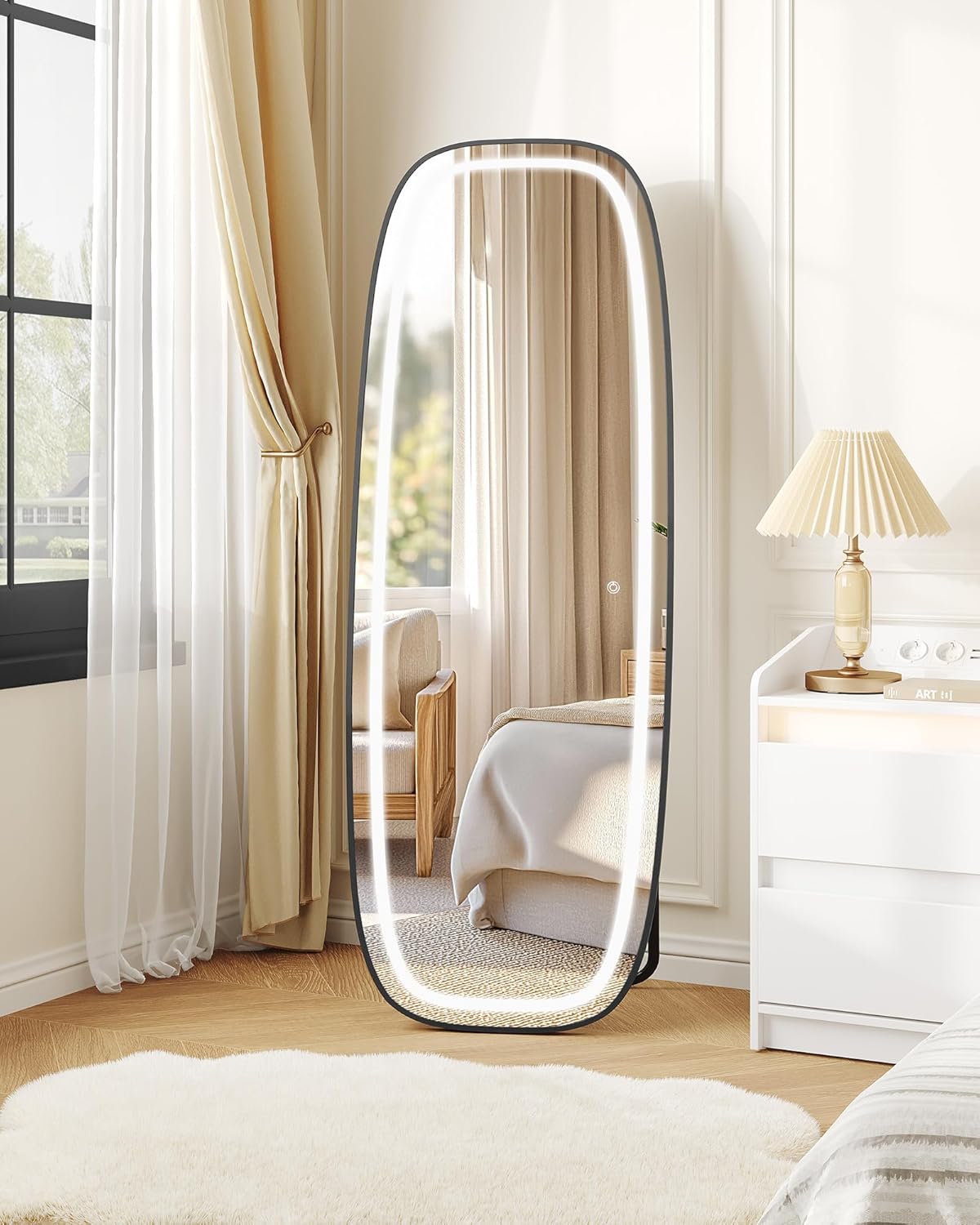 Hzuaneri DM41801B Full Body Mirror with Lighting, 160 x 50 cm, Curved Standing Mirror, Wall Mirror, 3 Light Colours, Adjustable Brightness, for Bedroom and Living Room, Black
