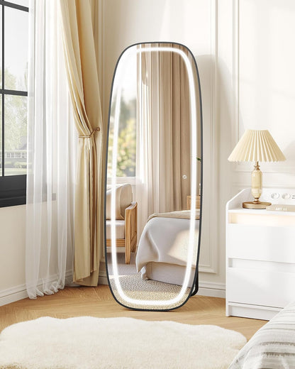 Hzuaneri DM41801B Full Body Mirror with Lighting, 160 x 50 cm, Curved Standing Mirror, Wall Mirror, 3 Light Colours, Adjustable Brightness, for Bedroom and Living Room, Black