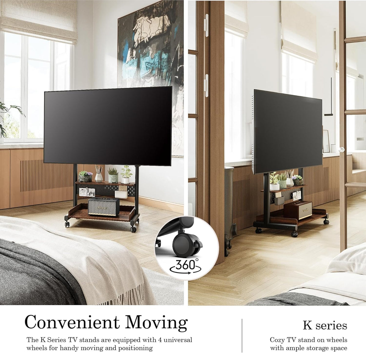 FITUEYES tv standaard verrijdbaar met hout-voet voor 40-85 inch, Hoogte verstelbaar vloer tv stand trolley wheel, universal vloerstandaard op wielen Max VESA 600x400mm houd 60kg