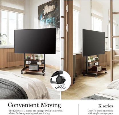 FITUEYES tv standaard verrijdbaar met hout-voet voor 40-85 inch, Hoogte verstelbaar vloer tv stand trolley wheel, universal vloerstandaard op wielen Max VESA 600x400mm houd 60kg