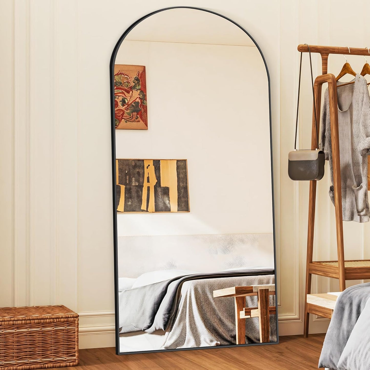 COFENY Boog full-body spiegel, 192 x 85 cm vloerspiegel met zwart frame, gewelfde staande spiegel, grote wandspiegel om te staan, leunen of hangen, vloerspiegel voor slaapkamer, woonkamer