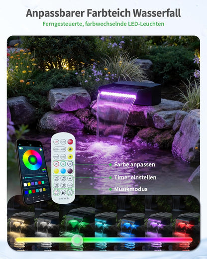POPOSOAP 20 cm brede vijverwaterval, roestvrijstalen watervalbox met 2500 l/u vijverpomp, op afstand bestuurde kleurwisselende led-lichtketting, buiten-waterspel voor tuinvijver
