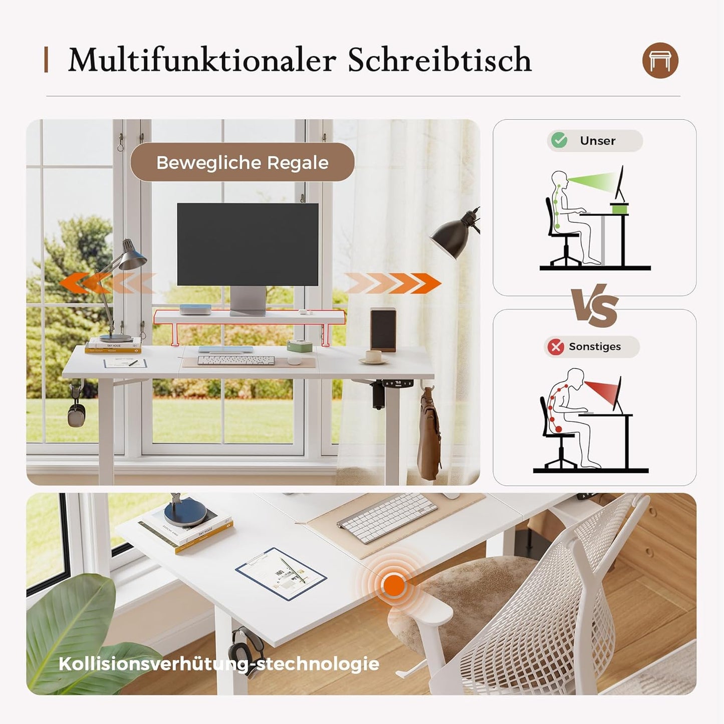 Klicelor In hoogte verstelbaar bureau met beweegbare monitorstandaard, 140x60cm, Zit-Sta bureaux met 2 geheugenknoppen, 3-delige tafelblad, Computertafel, Wit
