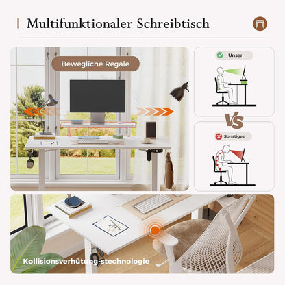 Klicelor In hoogte verstelbaar bureau met beweegbare monitorstandaard, 140x60cm, Zit-Sta bureaux met 2 geheugenknoppen, 3-delige tafelblad, Computertafel, Wit